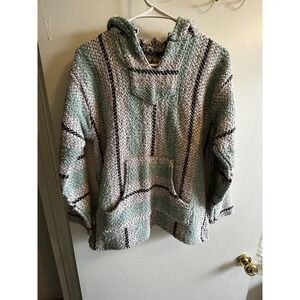 Baja Joe Teal Striped Mexican Hippie BOHO Pullover Hoodie Sweatshirt Read Am